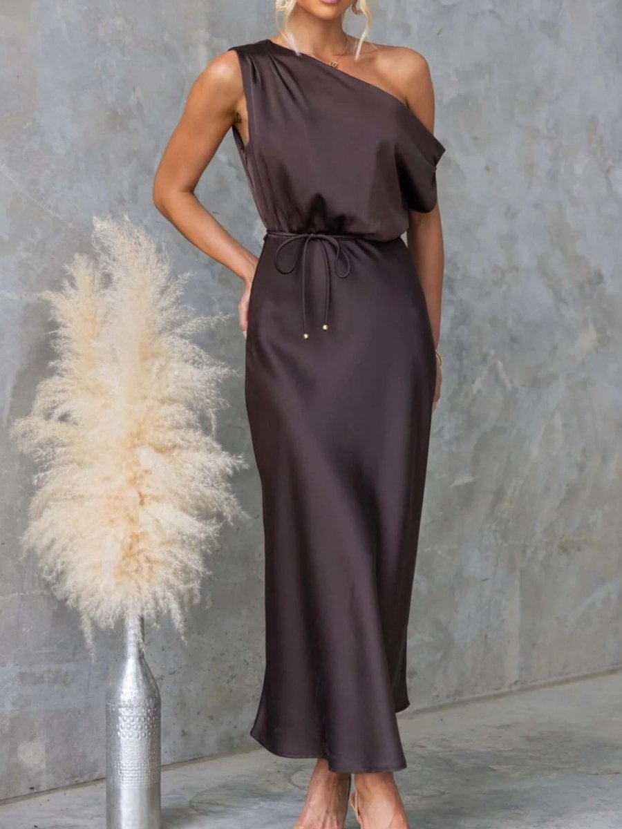 One - Shoulder Tied Midi Dress - 