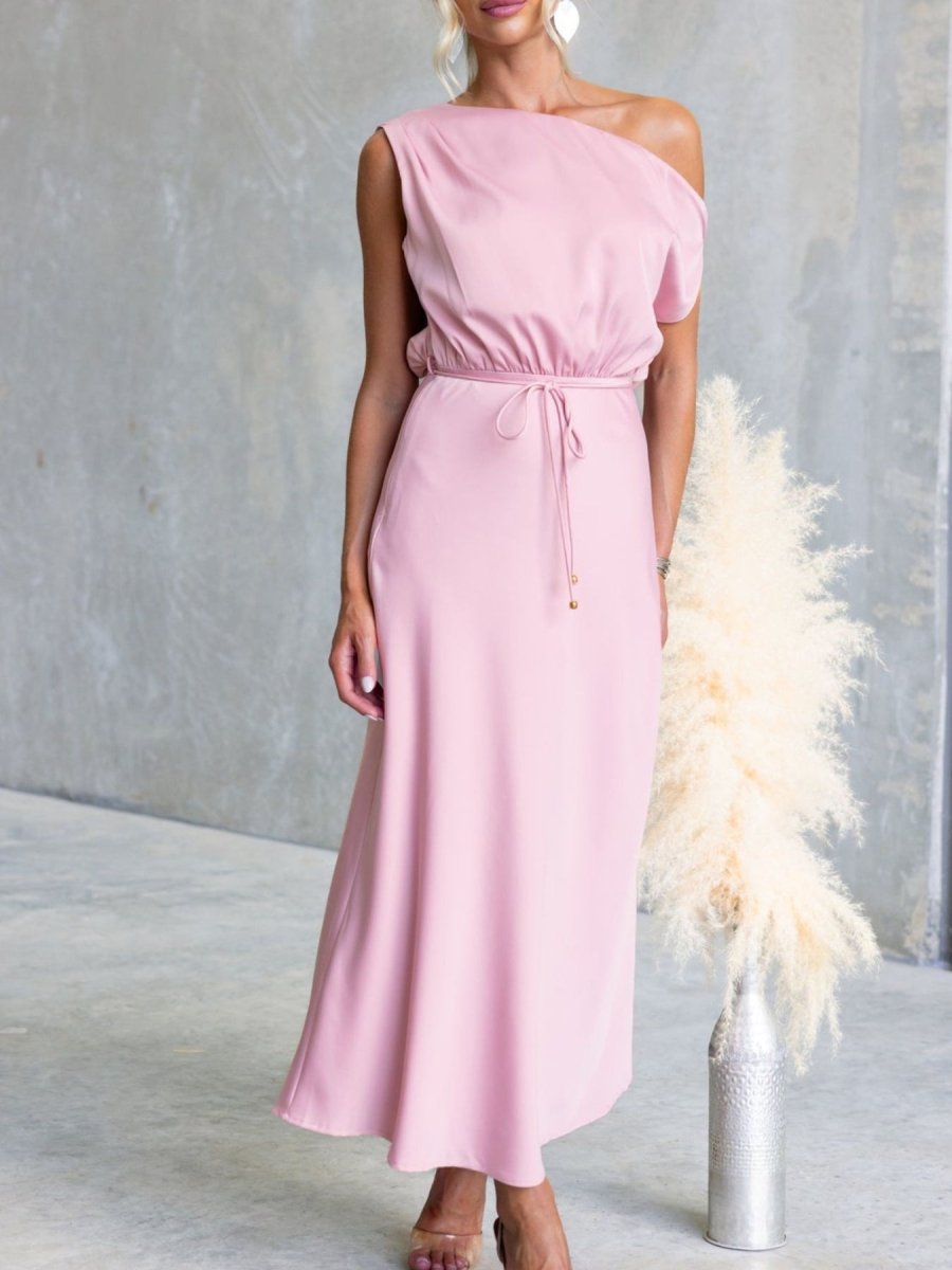 One - Shoulder Tied Midi Dress - 