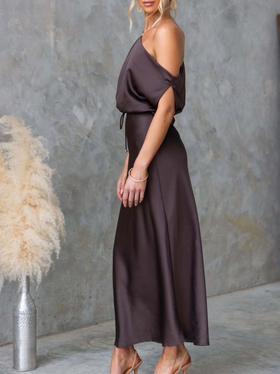 One - Shoulder Tied Midi Dress - 