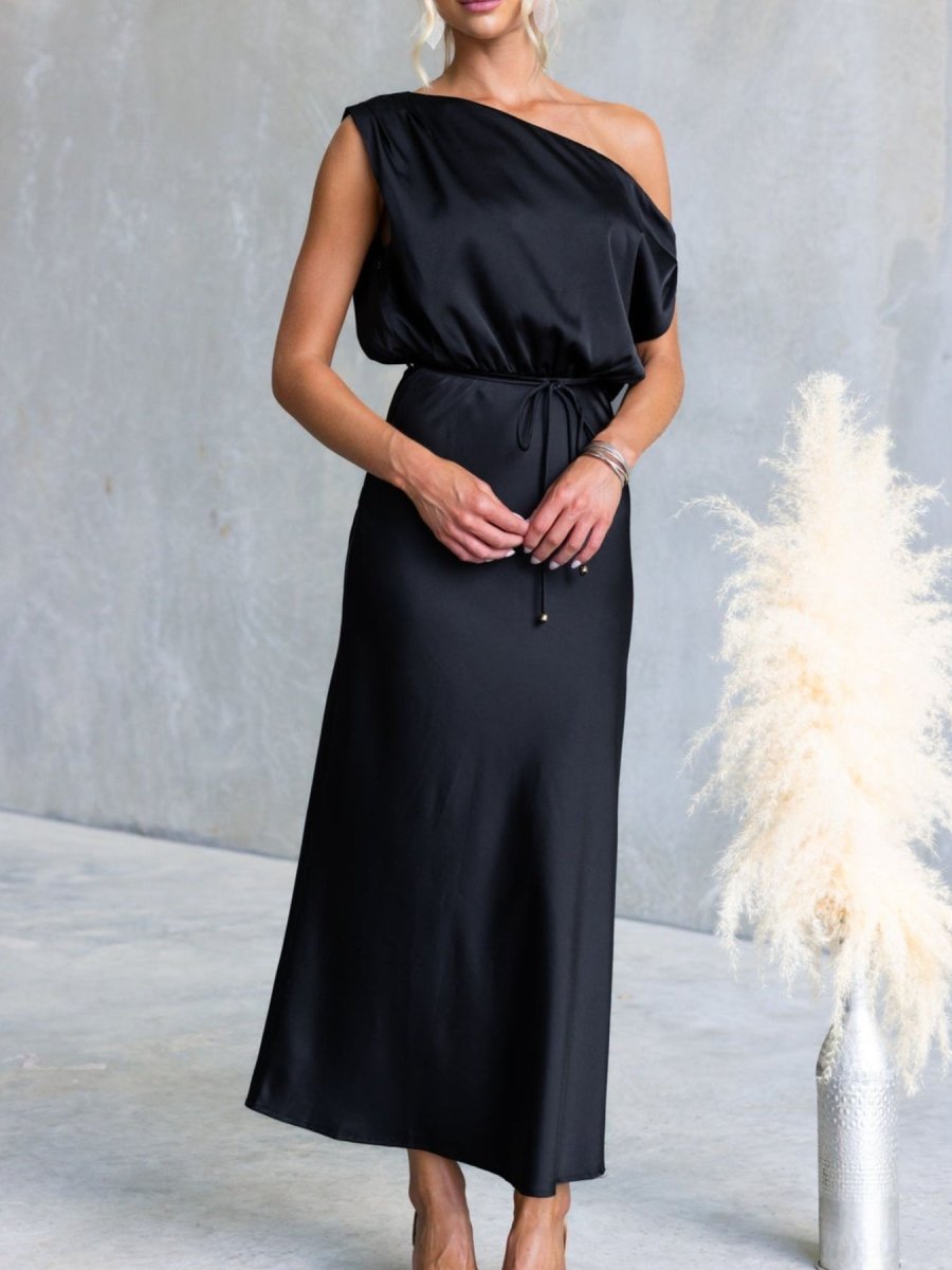 One - Shoulder Tied Midi Dress - 