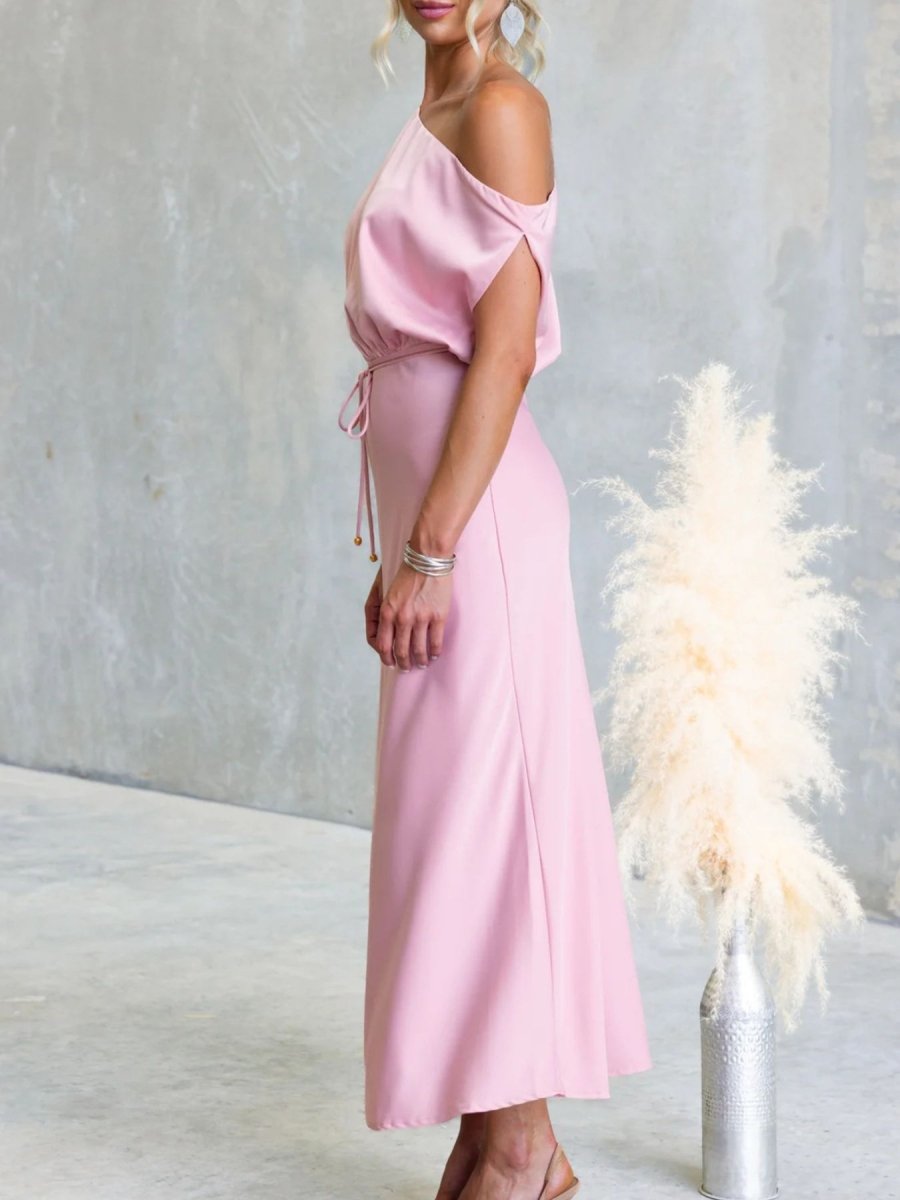 One - Shoulder Tied Midi Dress - 