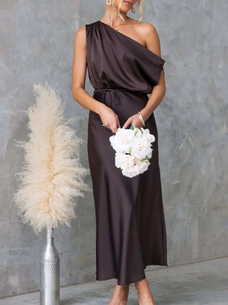 One - Shoulder Tied Midi Dress - 