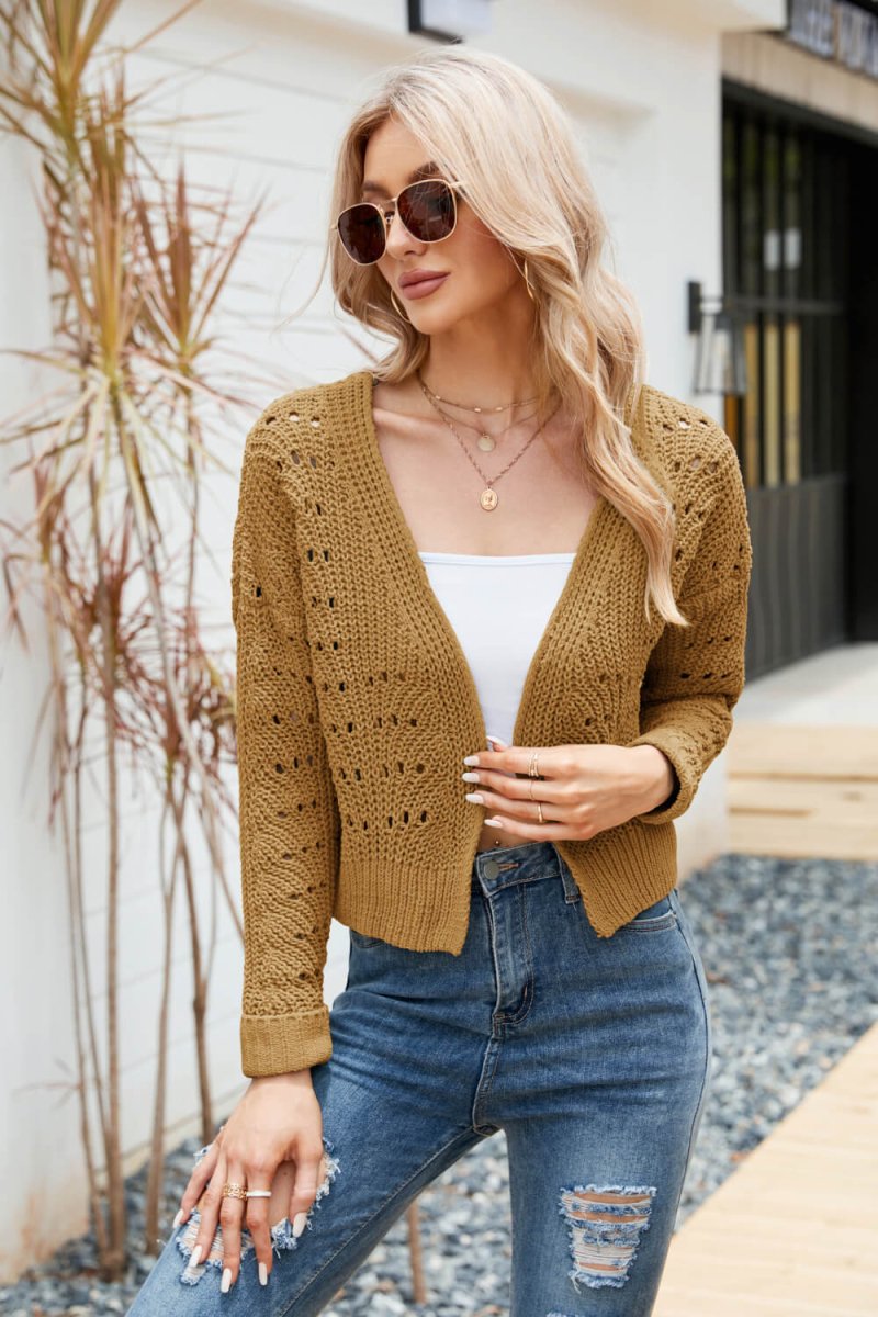 Open Front Cuffed Cropped Cardigan - Outerwear