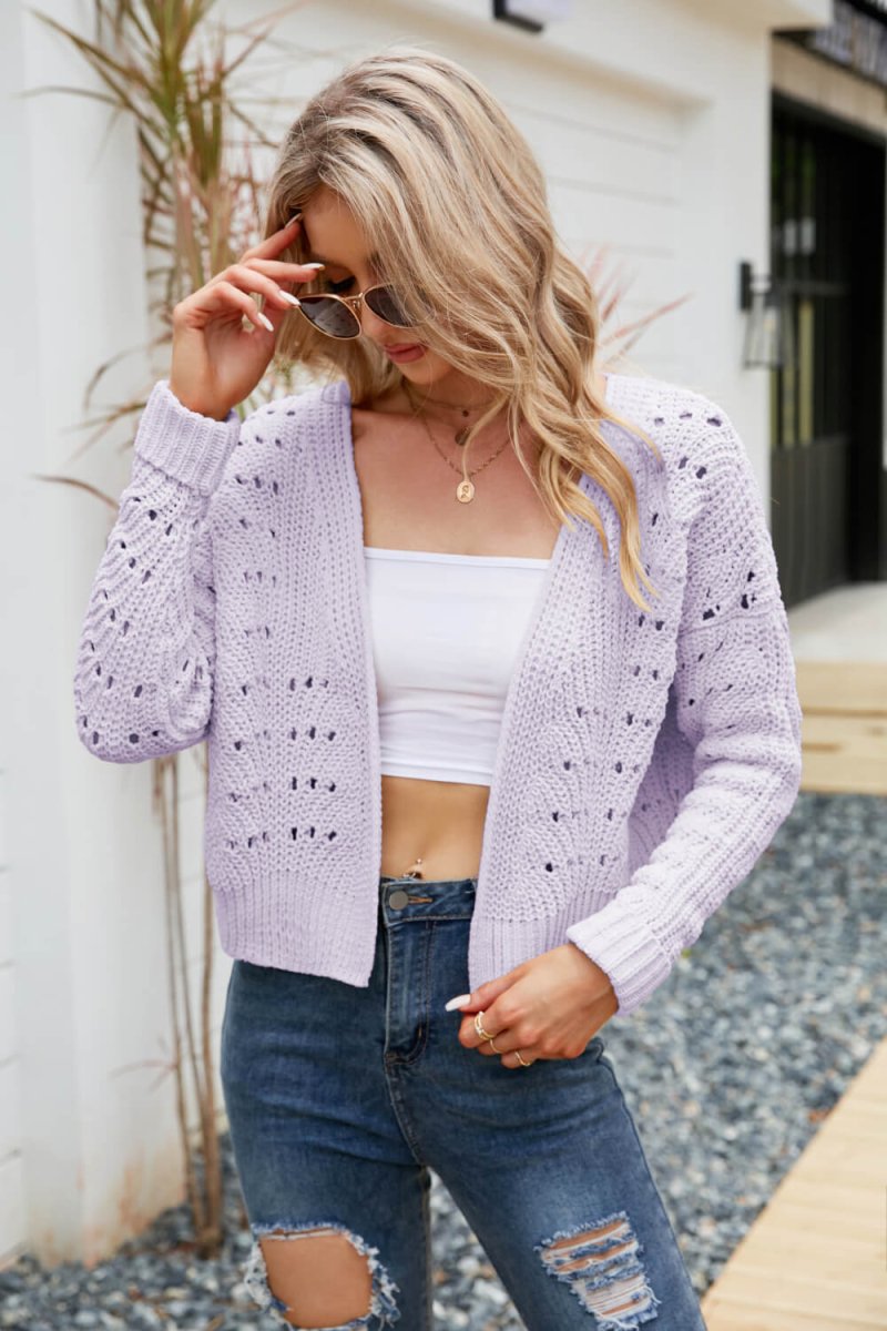 Open Front Cuffed Cropped Cardigan - Outerwear