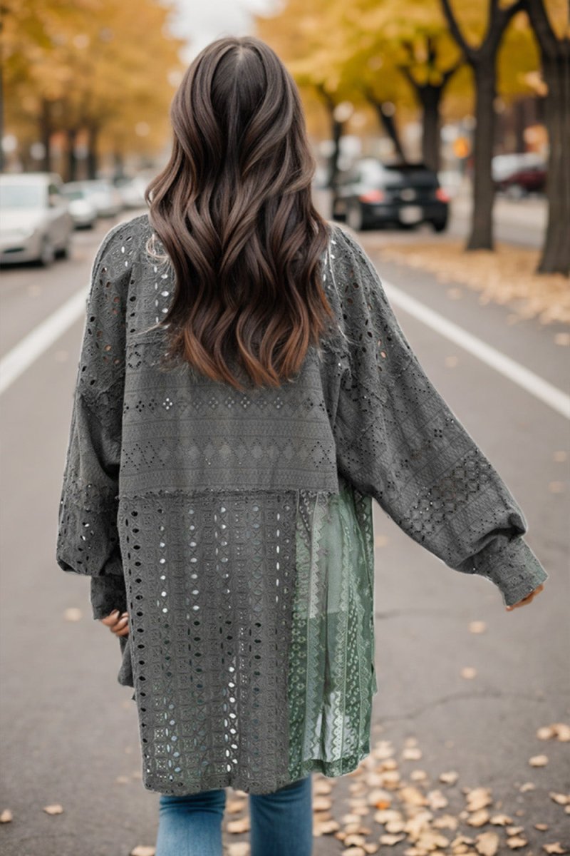 Openwork Button Up Long Sleeve Shacket - Outerwear