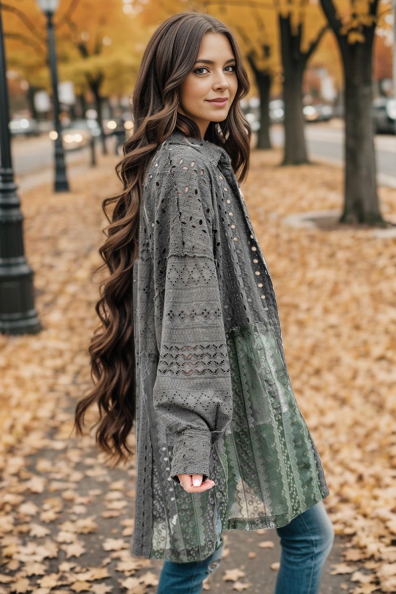 Openwork Button Up Long Sleeve Shacket - Outerwear