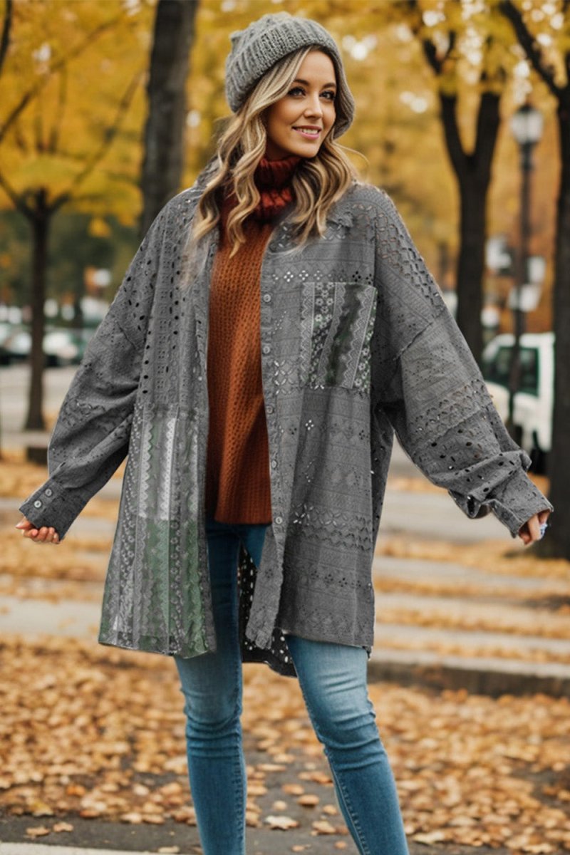 Openwork Button Up Long Sleeve Shacket - Outerwear