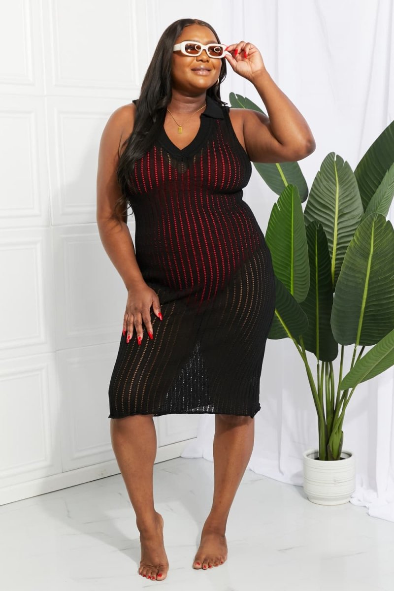 Openwork Johnny Collar Cover Up Dress - Sweater Dress