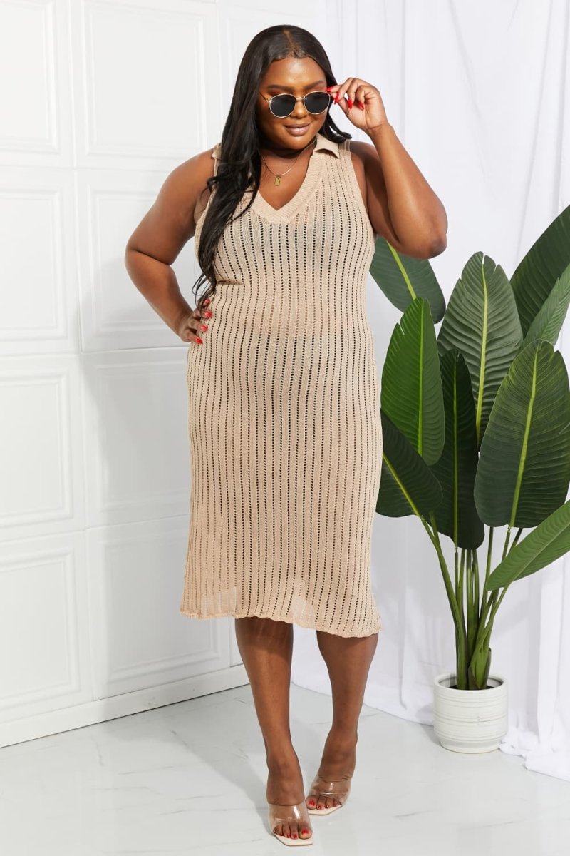 Openwork Johnny Collar Cover Up Dress - Sweater Dress