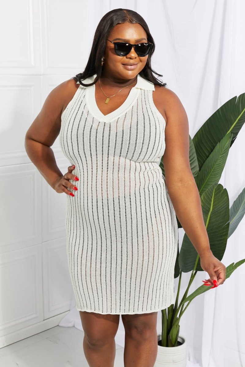 Openwork Johnny Collar Cover Up Dress - Sweater Dress