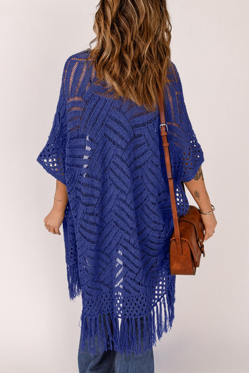 Openwork Open Front Cardigan with Fringes - Outerwear