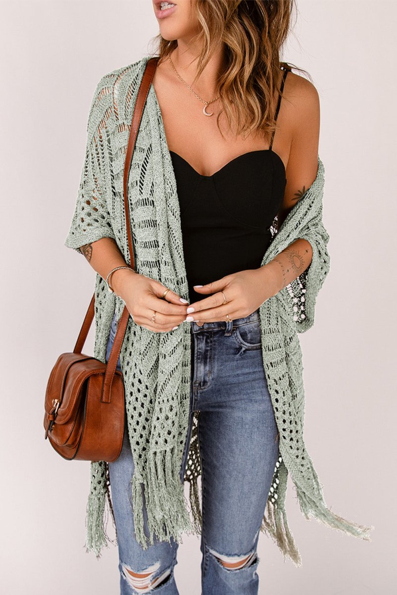 Openwork Open Front Cardigan with Fringes - Outerwear