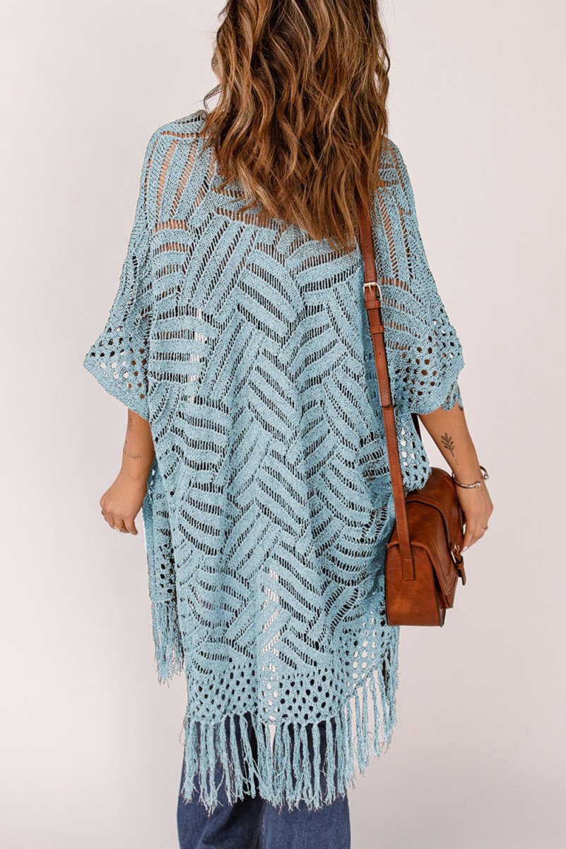 Openwork Open Front Cardigan with Fringes - Outerwear