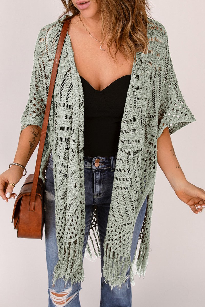 Openwork Open Front Cardigan with Fringes - Outerwear