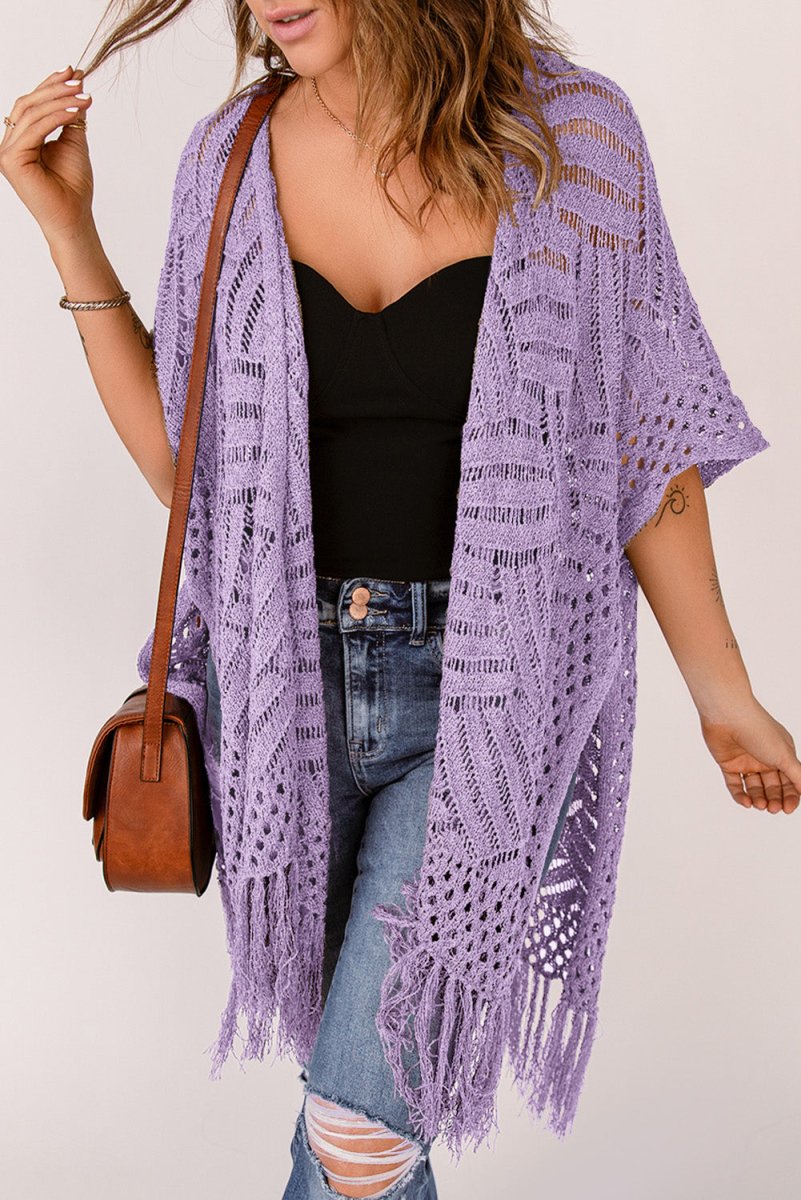 Openwork Open Front Cardigan with Fringes - Outerwear