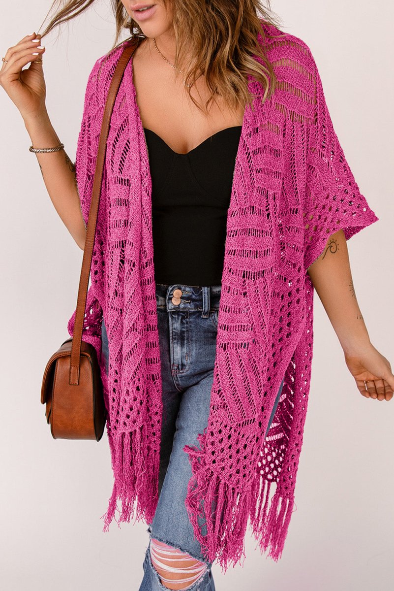 Openwork Open Front Cardigan with Fringes - Outerwear