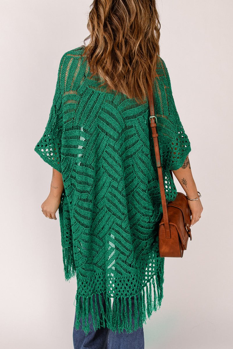 Openwork Open Front Cardigan with Fringes - Outerwear