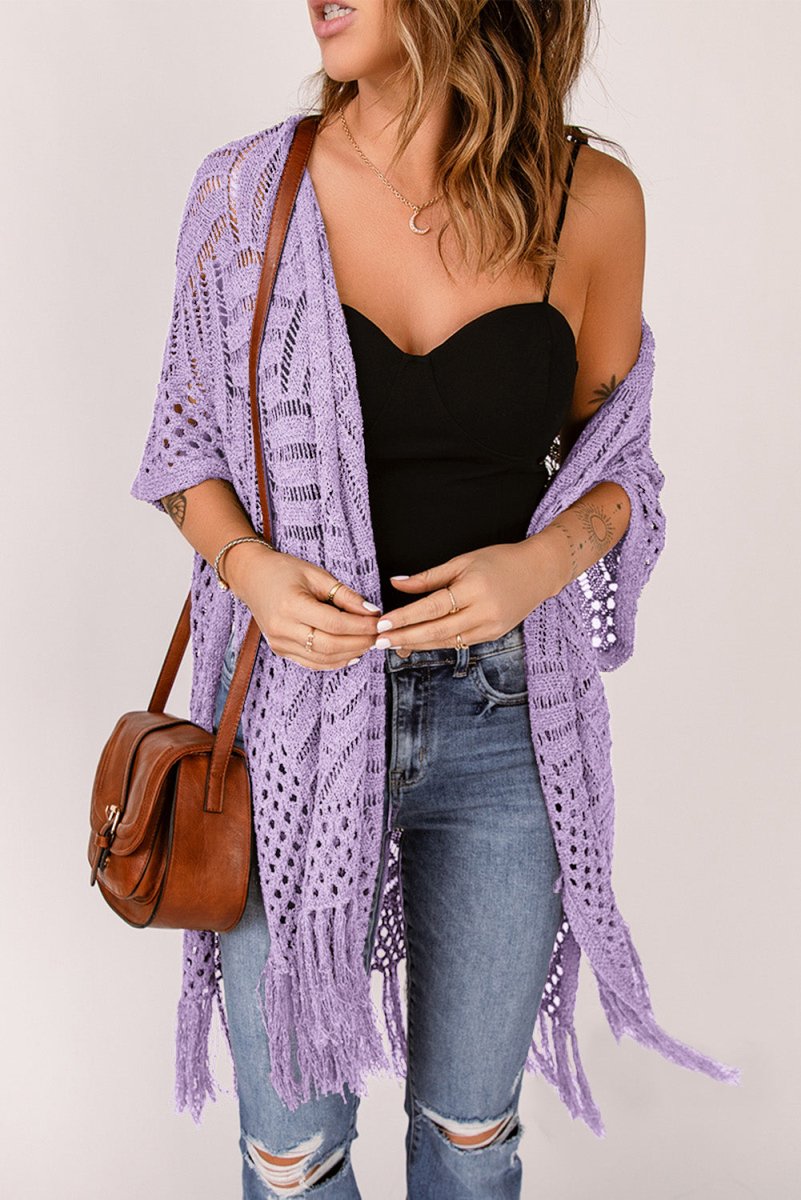 Openwork Open Front Cardigan with Fringes - Outerwear