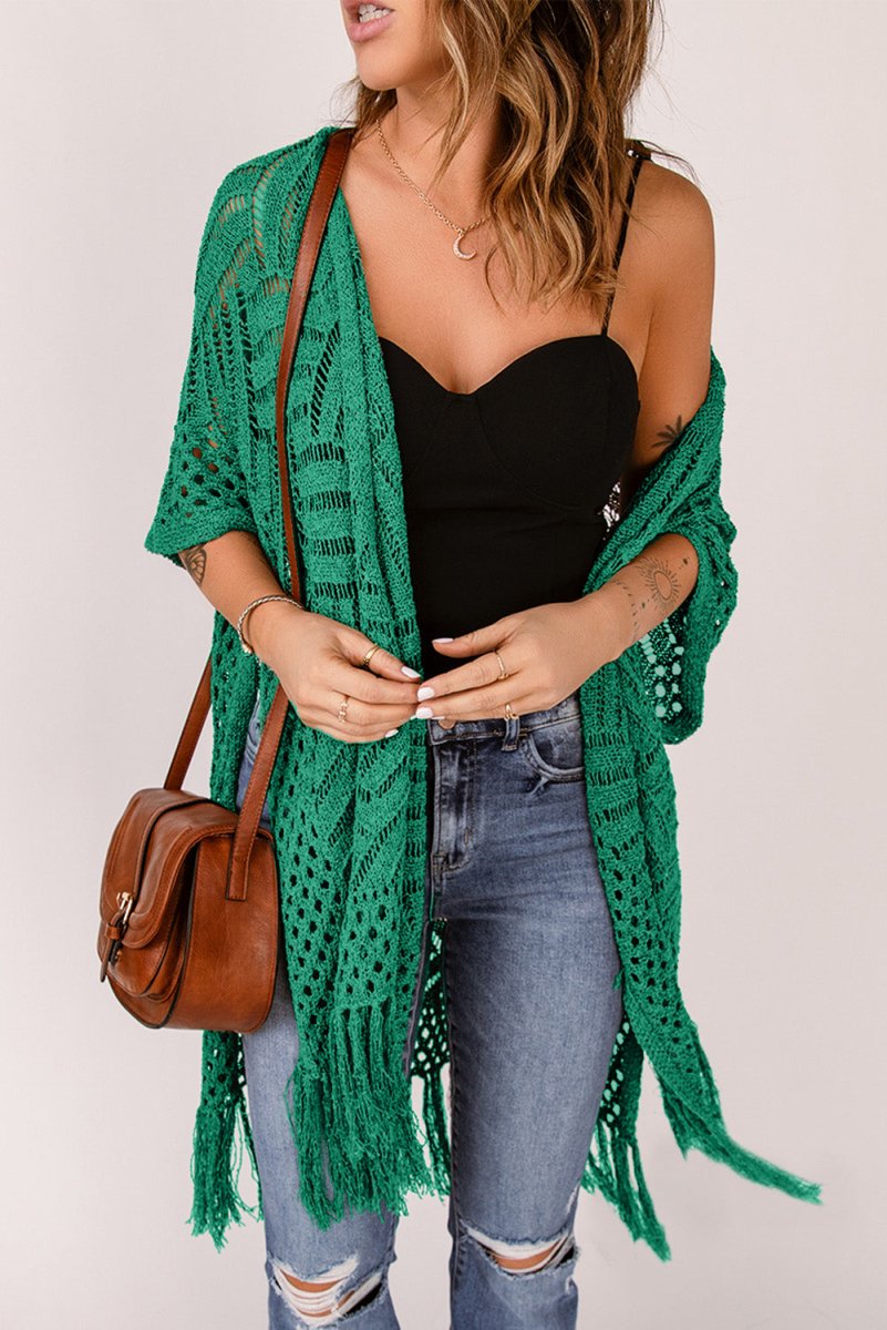 Openwork Open Front Cardigan with Fringes - Outerwear