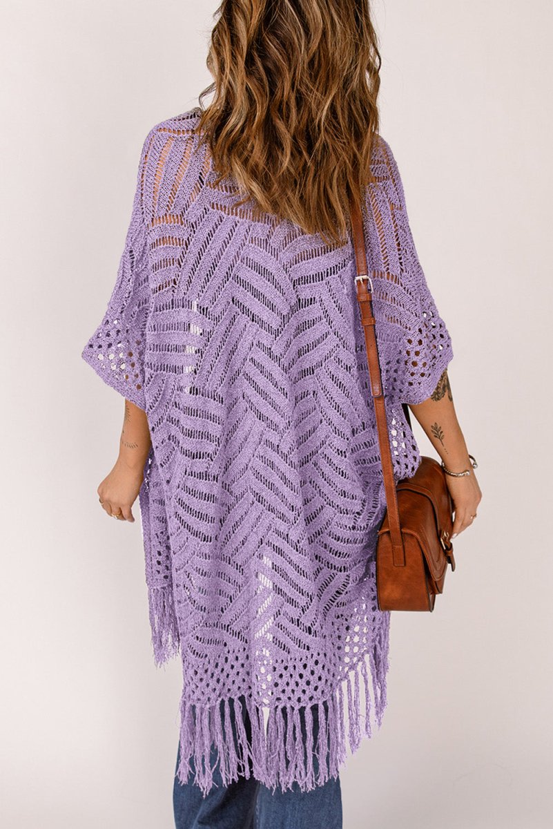 Openwork Open Front Cardigan with Fringes - Outerwear