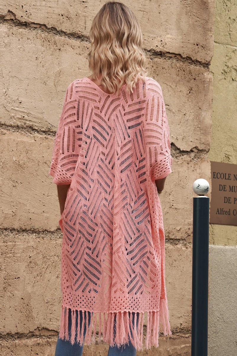 Openwork Open Front Cardigan with Fringes - Outerwear