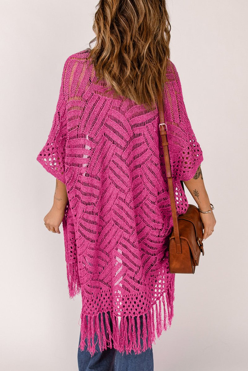 Openwork Open Front Cardigan with Fringes - Outerwear