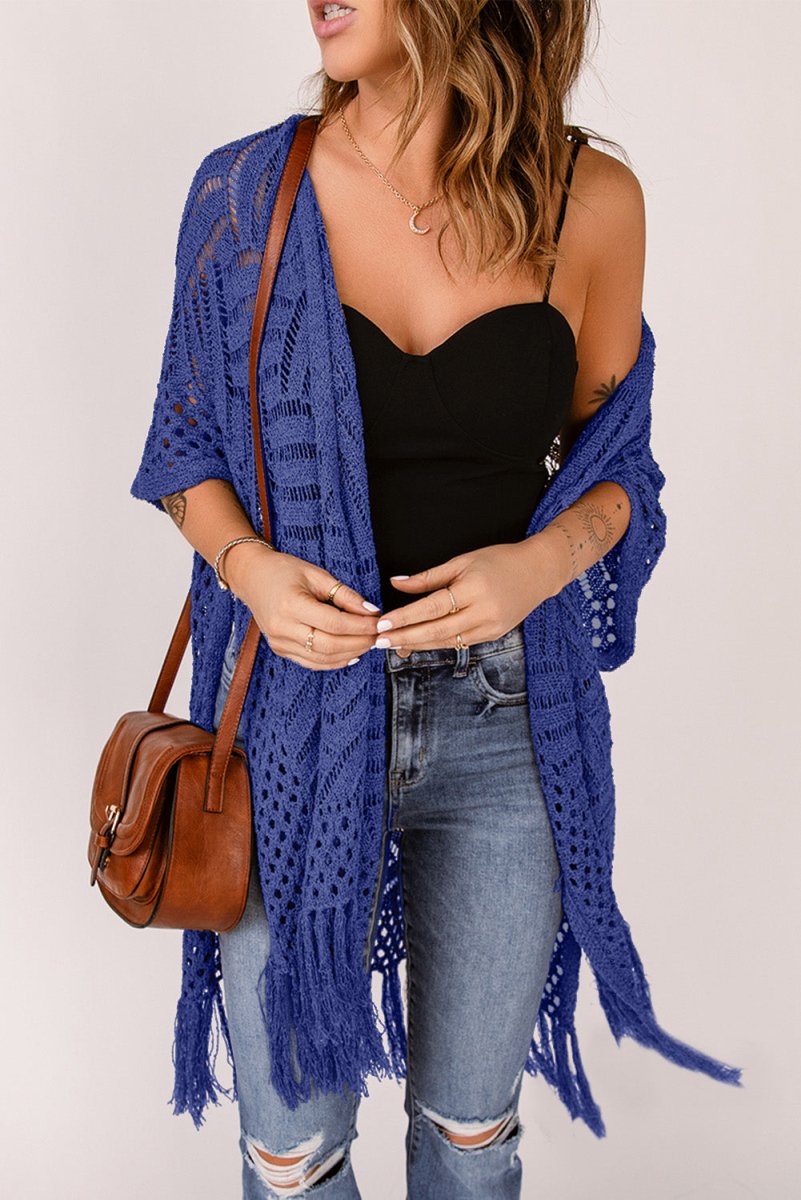 Openwork Open Front Cardigan with Fringes - Outerwear