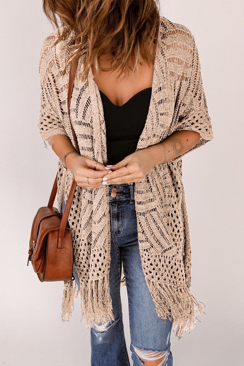 Openwork Open Front Cardigan with Fringes - Outerwear