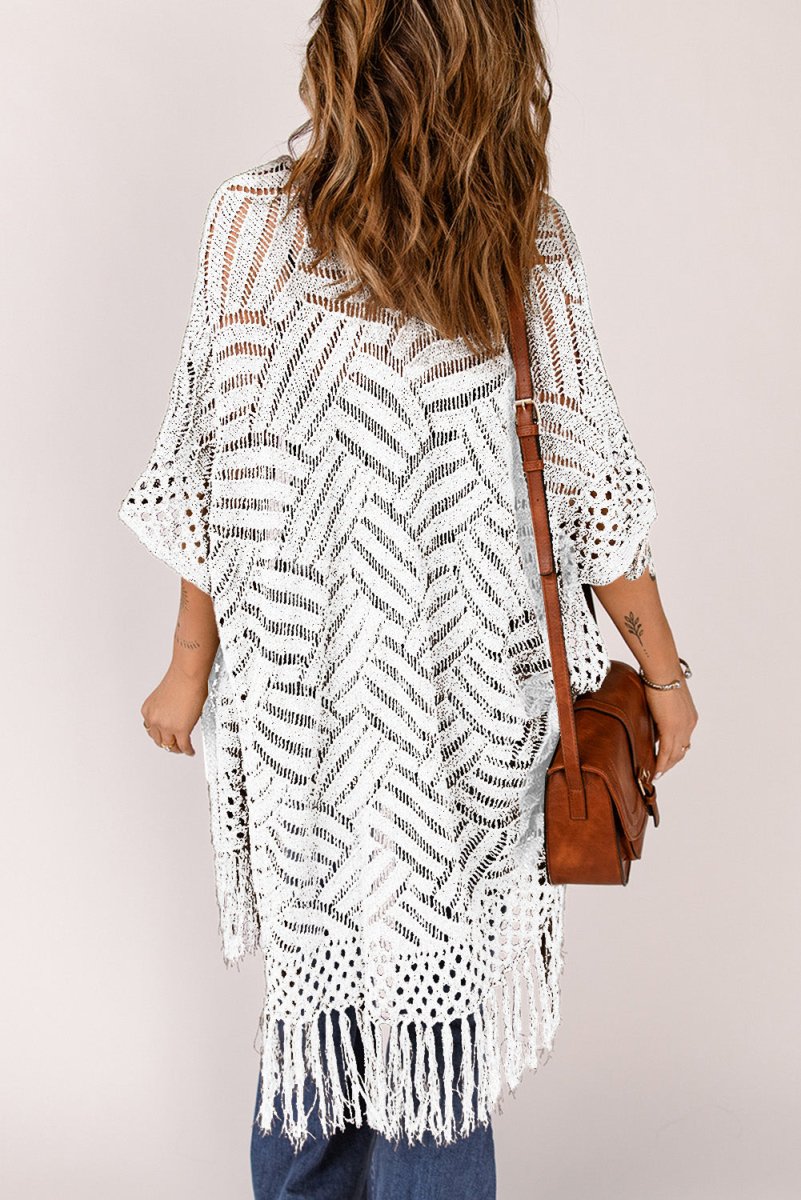 Openwork Open Front Cardigan with Fringes - Outerwear