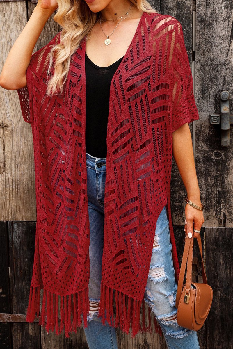Openwork Open Front Cardigan with Fringes - Outerwear