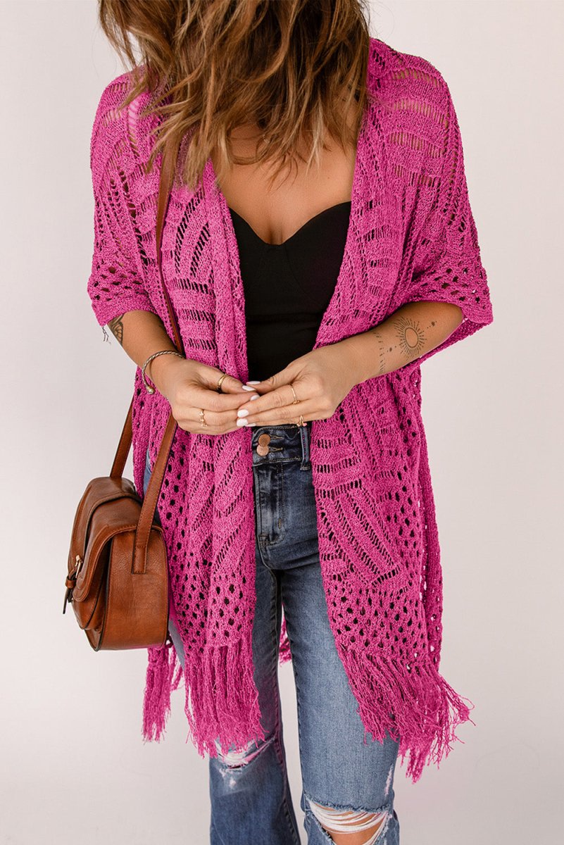 Openwork Open Front Cardigan with Fringes - Outerwear