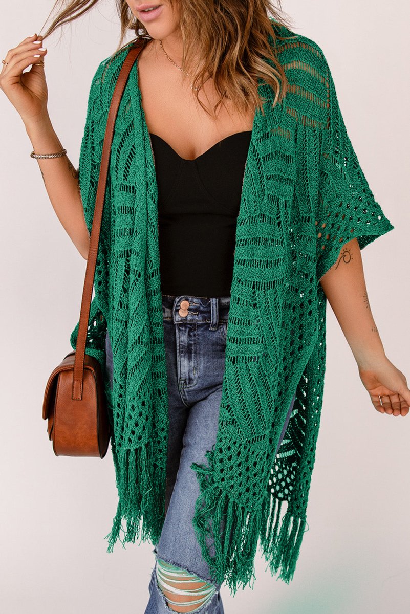 Openwork Open Front Cardigan with Fringes - Outerwear