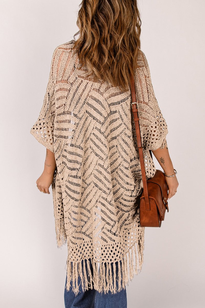 Openwork Open Front Cardigan with Fringes - Outerwear