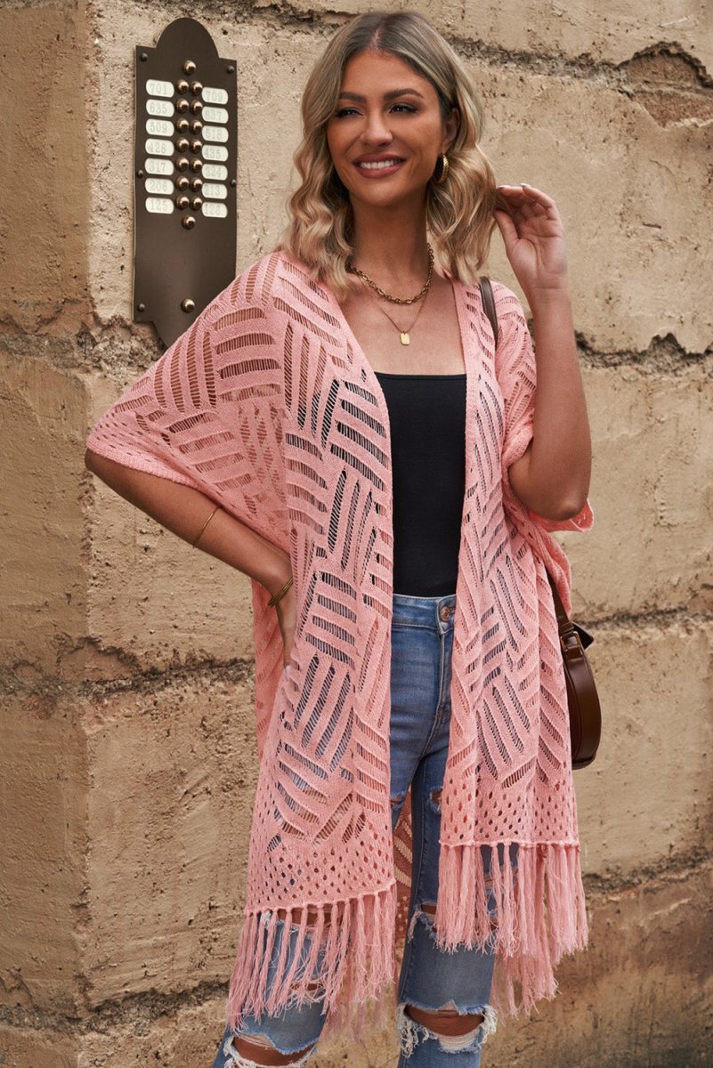 Openwork Open Front Cardigan with Fringes - Outerwear