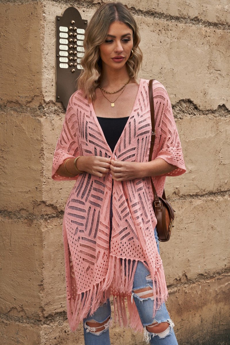 Openwork Open Front Cardigan with Fringes - Outerwear