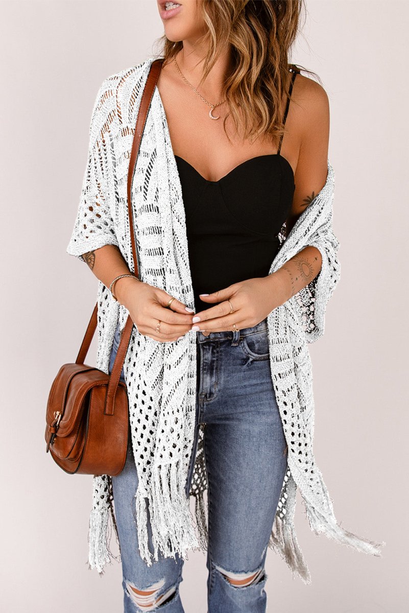Openwork Open Front Cardigan with Fringes - Outerwear