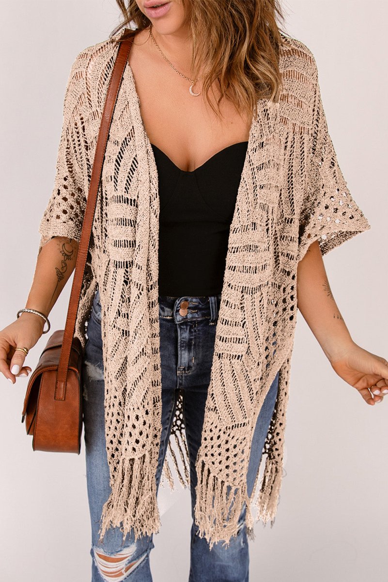 Openwork Open Front Cardigan with Fringes - Outerwear