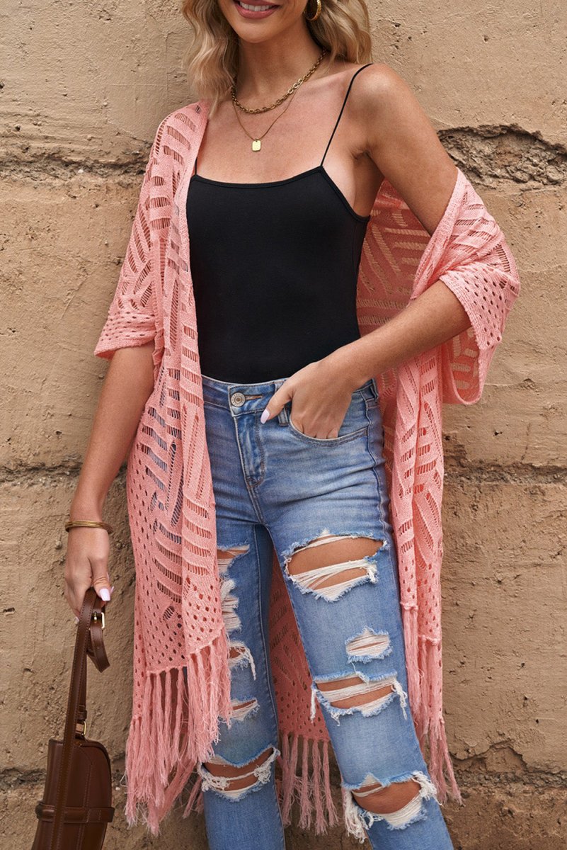 Openwork Open Front Cardigan with Fringes - Outerwear
