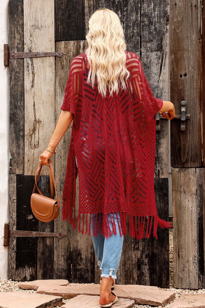 Openwork Open Front Cardigan with Fringes - Outerwear