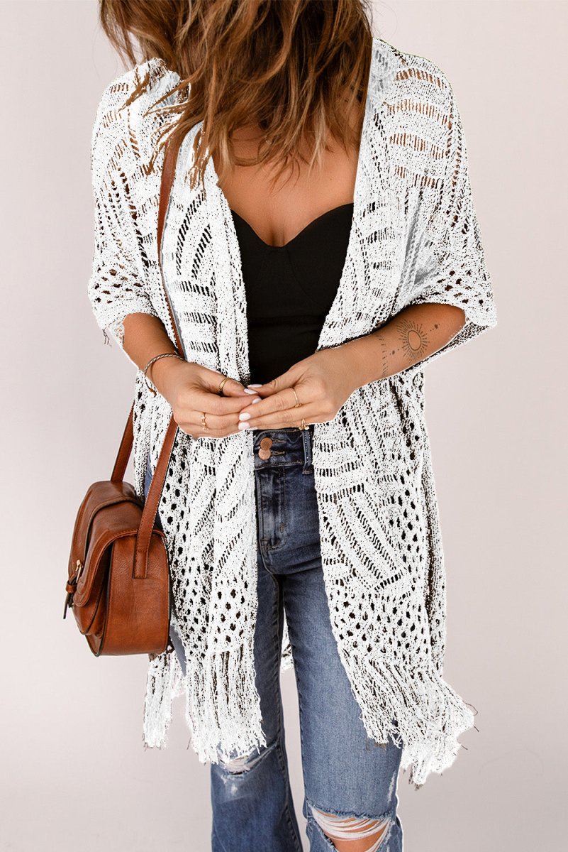 Openwork Open Front Cardigan with Fringes - Outerwear