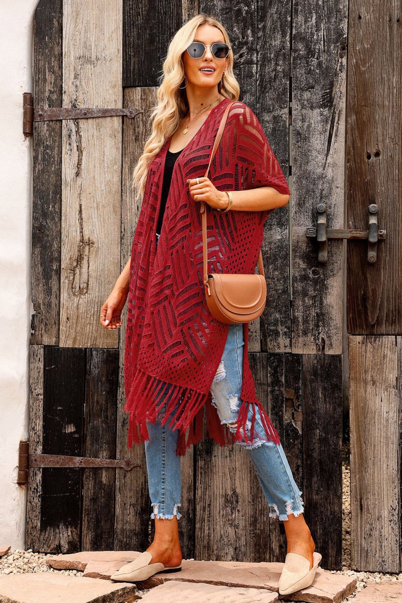 Openwork Open Front Cardigan with Fringes - Outerwear