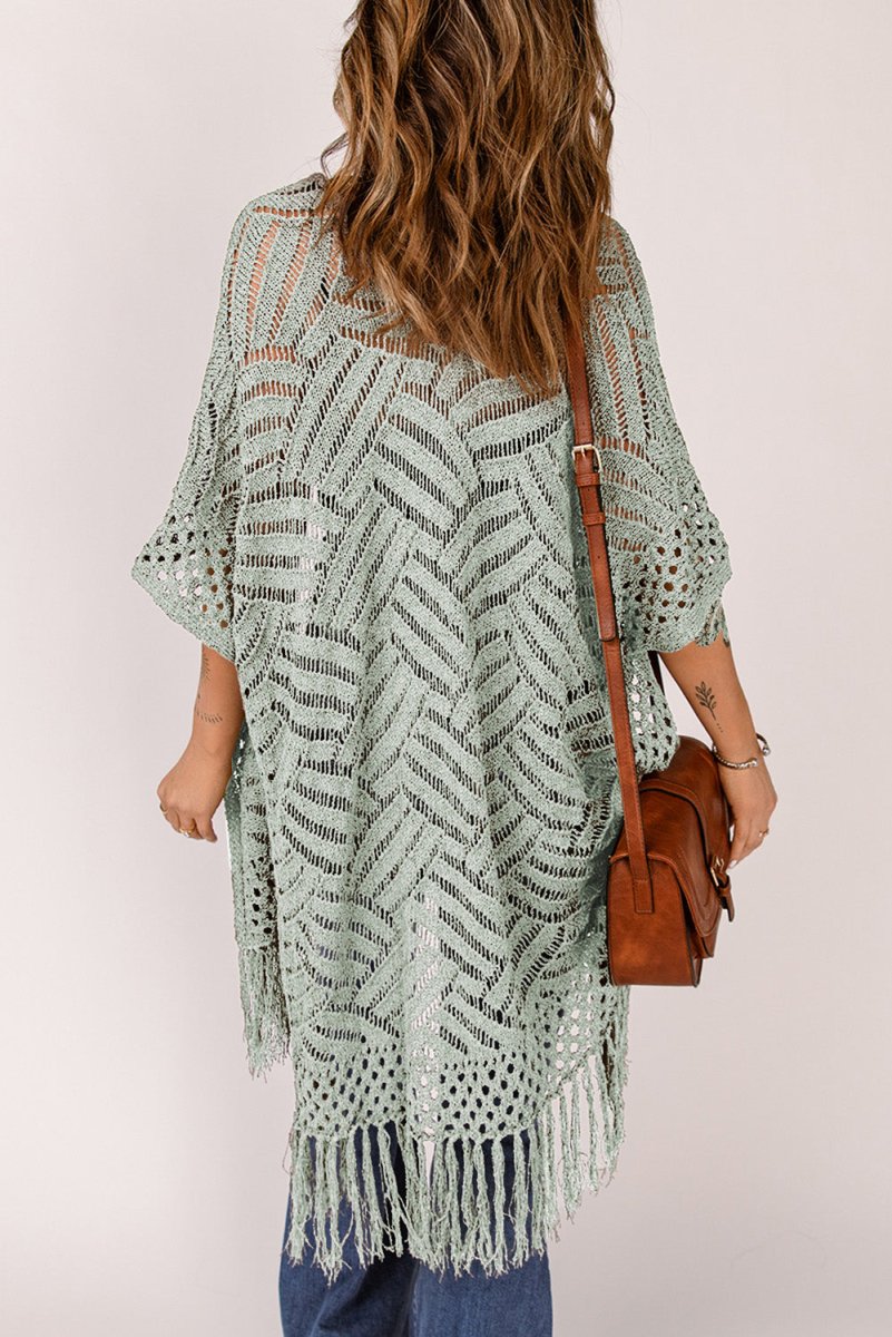 Openwork Open Front Cardigan with Fringes - Outerwear
