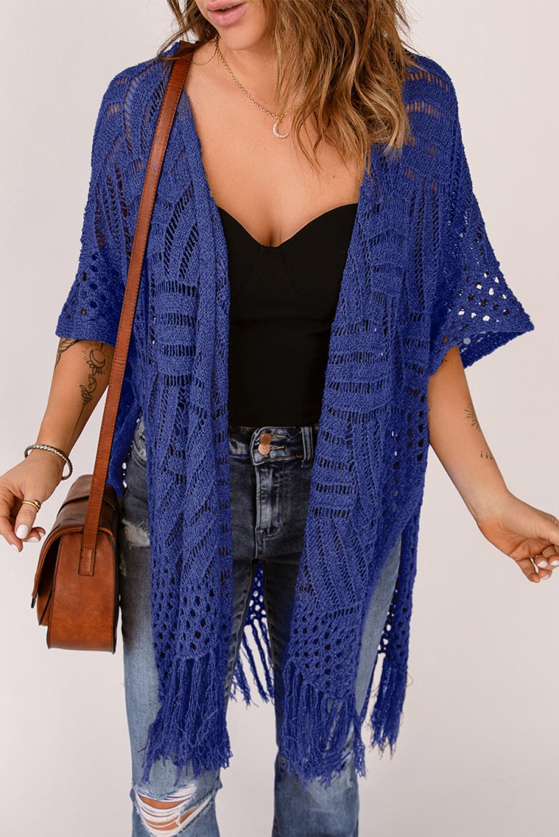 Openwork Open Front Cardigan with Fringes - Outerwear