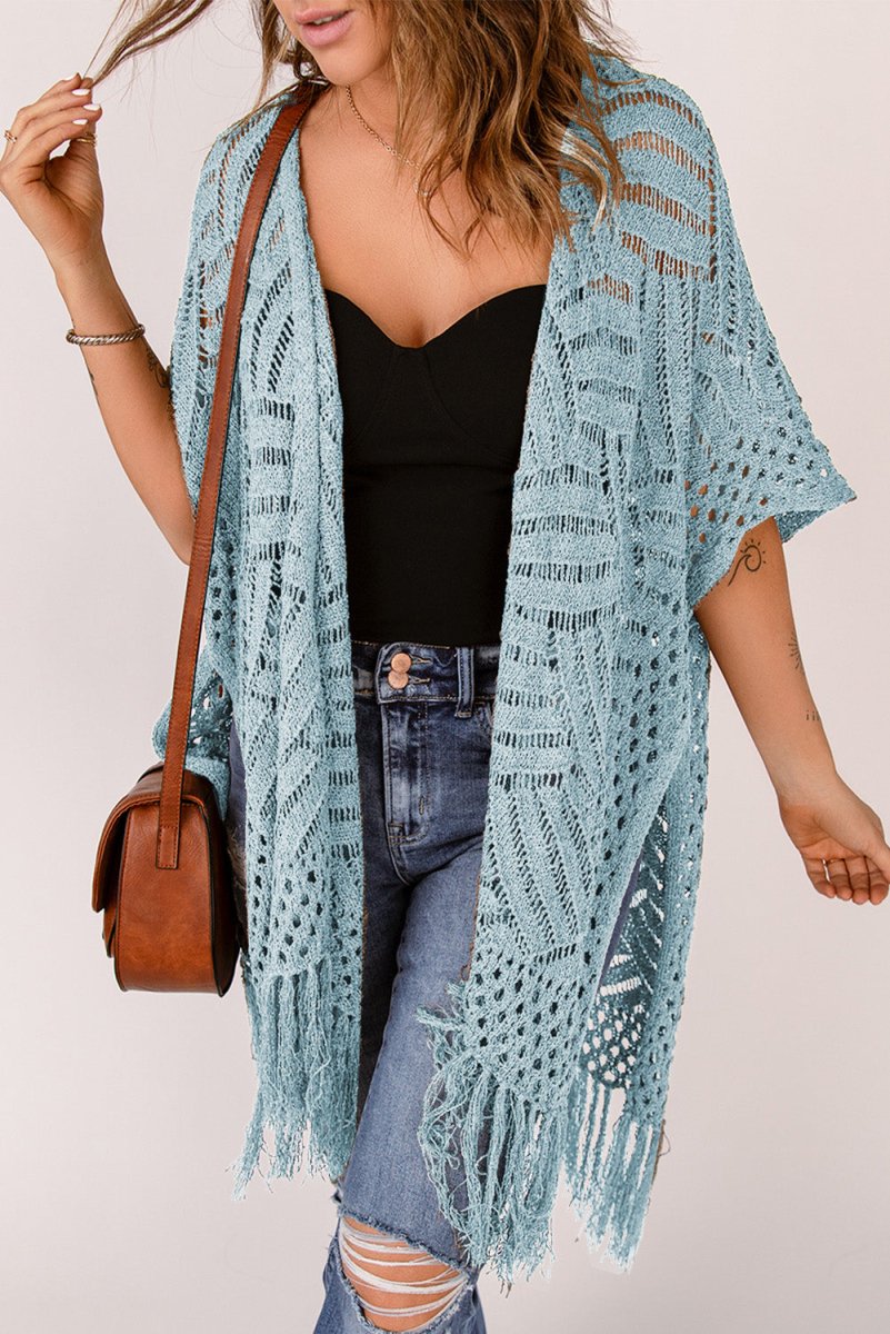 Openwork Open Front Cardigan with Fringes - Outerwear