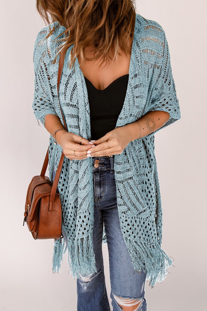 Openwork Open Front Cardigan with Fringes - Outerwear