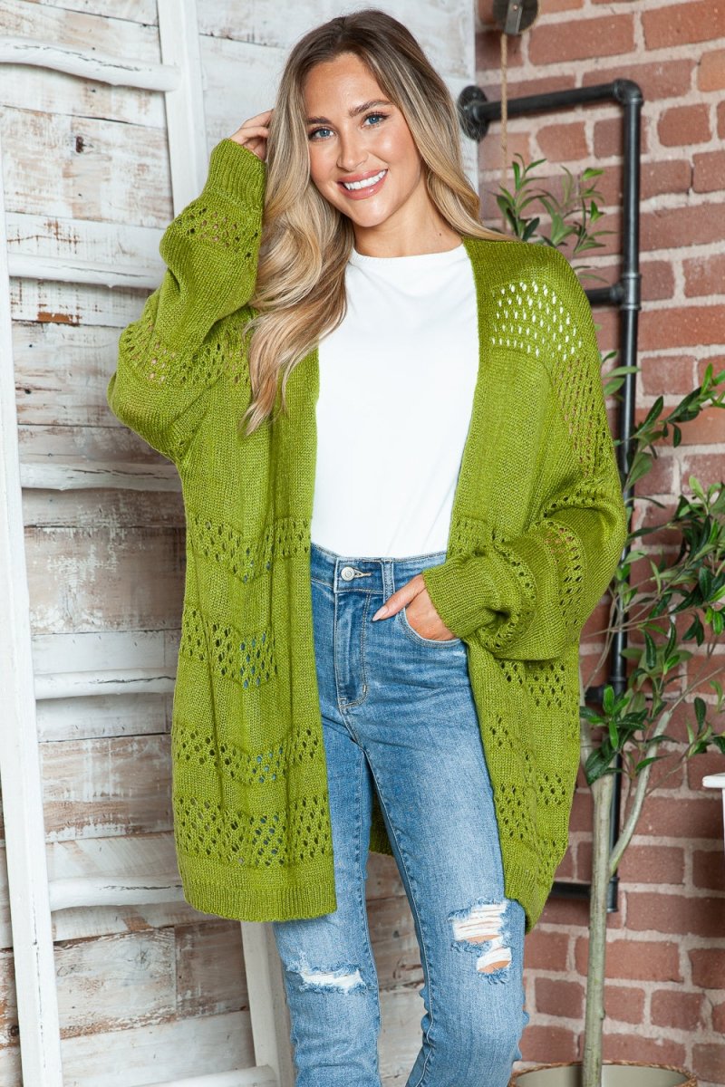 Openwork Open Front Long Sleeve Cardigan - Outerwear