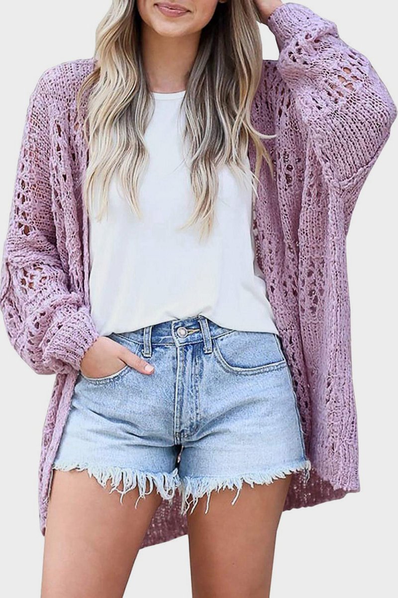 Openwork Open Front Long Sleeve Cardigan - Outerwear