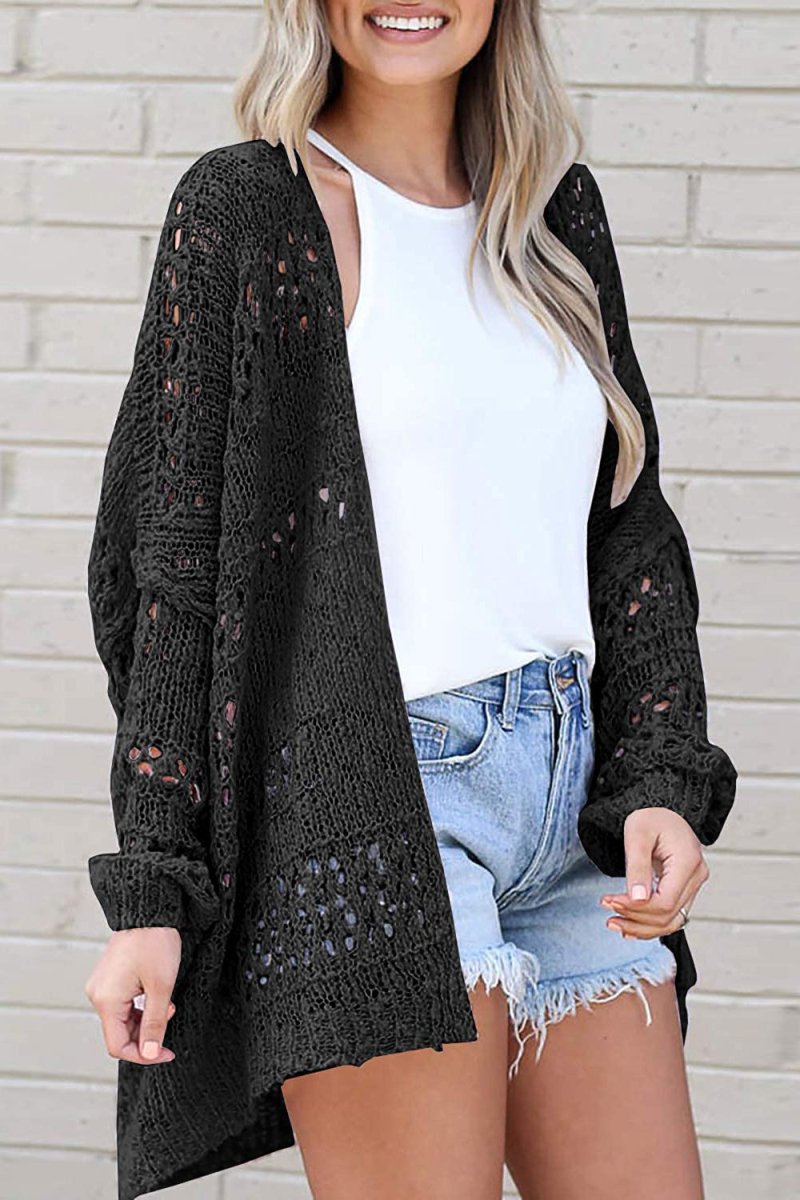 Openwork Open Front Long Sleeve Cardigan - Outerwear