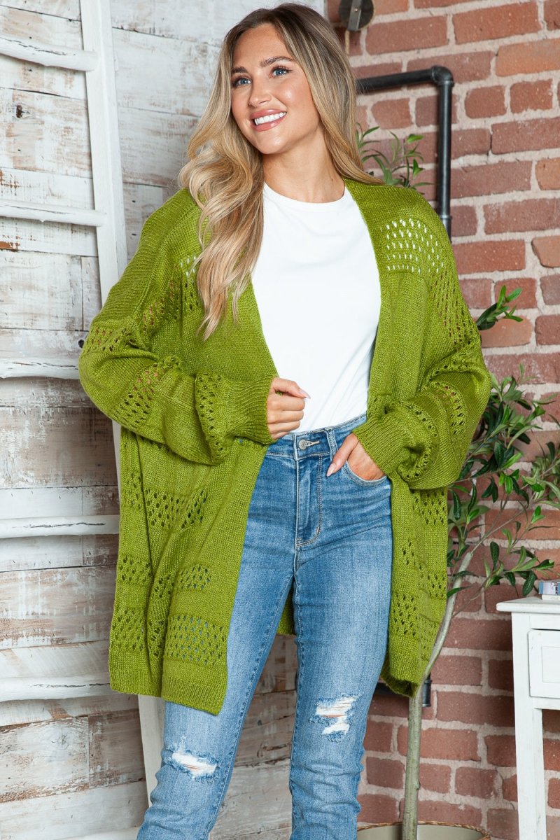 Openwork Open Front Long Sleeve Cardigan - Outerwear