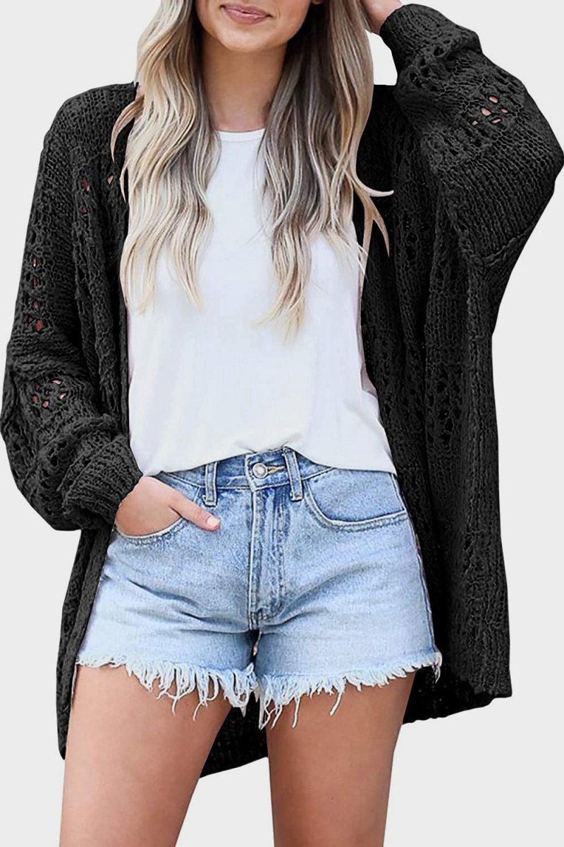 Openwork Open Front Long Sleeve Cardigan - Outerwear